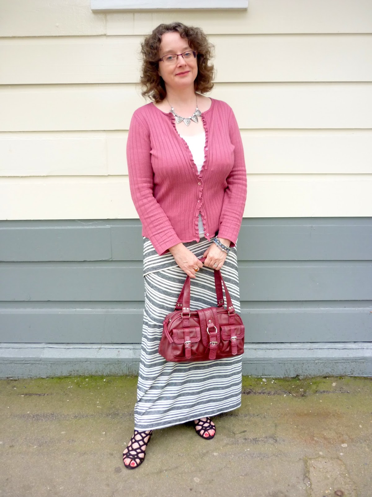 Grey & Ivory Maxi Skirt, Raspberry Top & Bag | Petite Silver Vixen