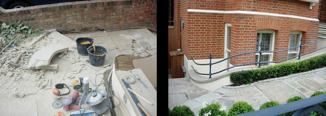 Making curved Yorkstone copings on site, finished curved Yorkstone copings railings fitted