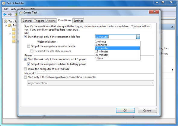 Set additional conditions Task Scheduler, Configuration