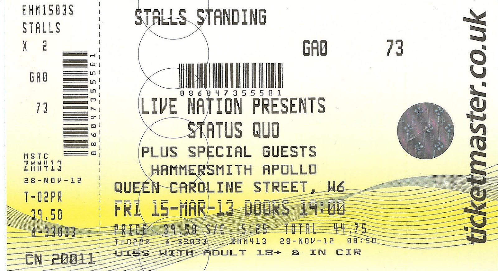 Chop's Gigs Status Quo at Hammersmith Odeon Friday 15th March 2013