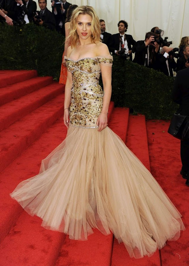 Scarlett Johansson on the red carpet at 2012 Costume Institute Gala Met Ball in NY