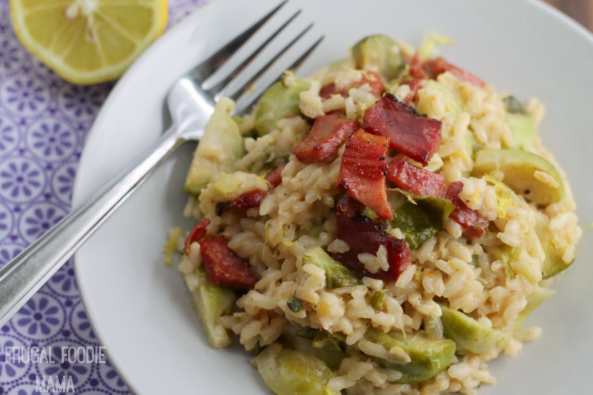 Frugal Foodie Mama Lemon Risotto with Brussels Sprouts & Crispy Ham