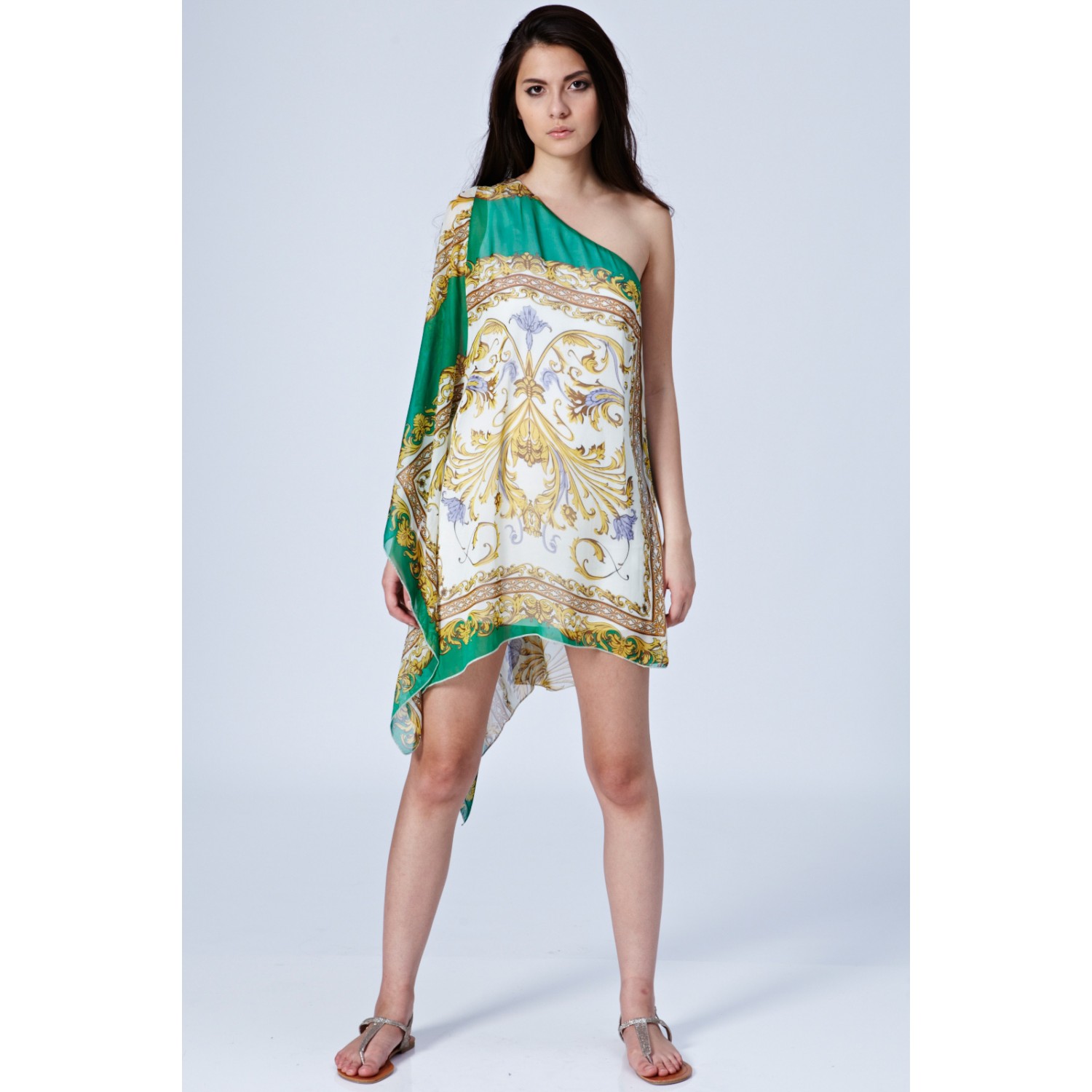 Lush Doodles One Shoulder Scarf Print Dress