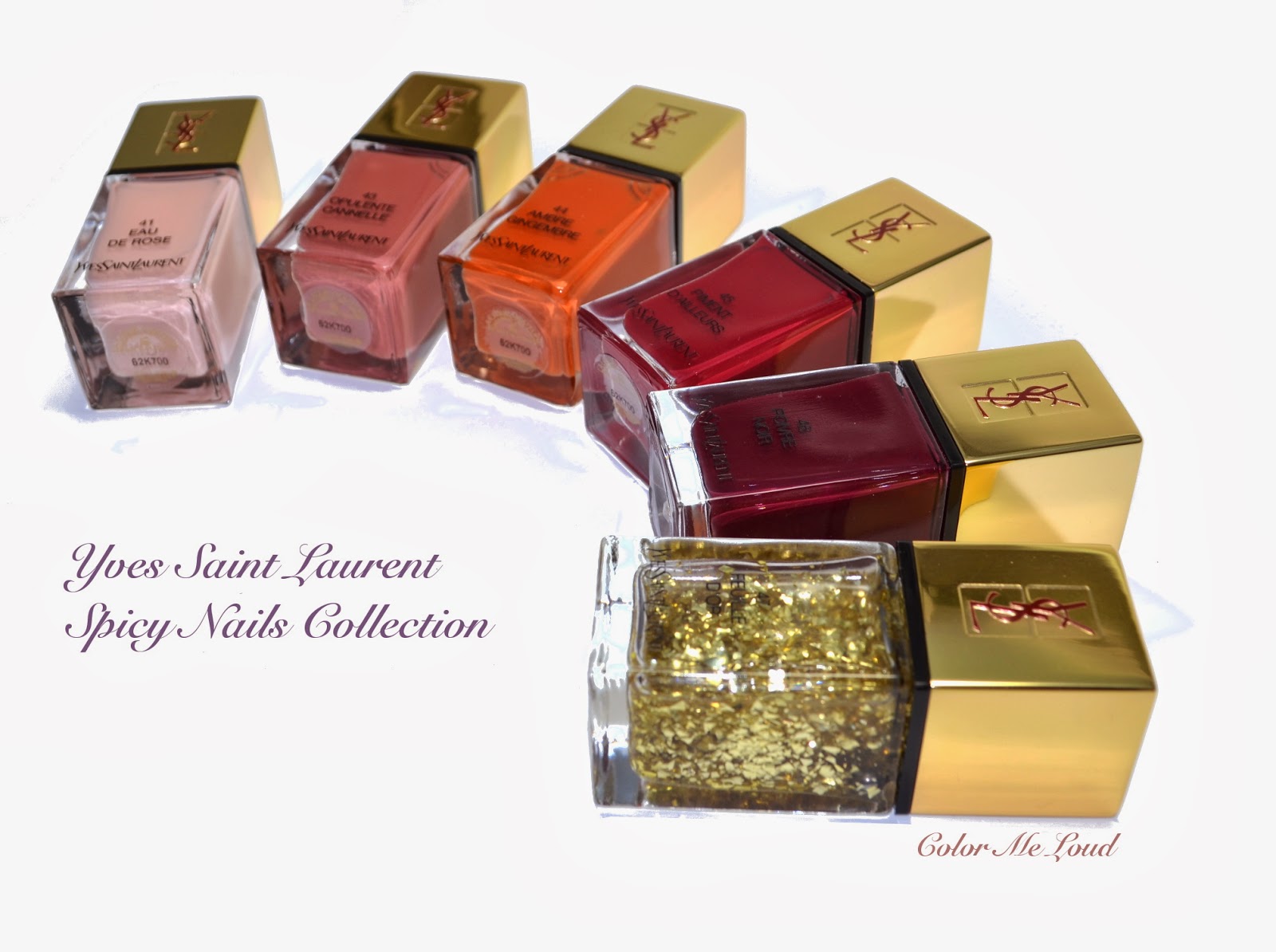 Yves Saint Laurent La Laque Couture #41 Eau de Rose, #43 Opulente Cannelle, #44 Ambre Gingembre, #45 Piment D'Ailleurs, #46 Poivre Noir, #47 Feuille D'Or Spicy Nails Collection, Review, Swatches & Comparison