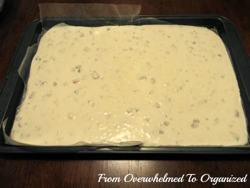 White chocolate bark in a pan. 