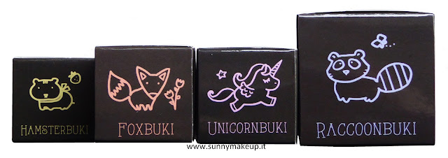 Neve Cosmetics - Nevebuki. Da sinistra verso destra, i pennelli: Hamsterbuki, Foxbuki, Unicornbuki e Raccoonbuki.