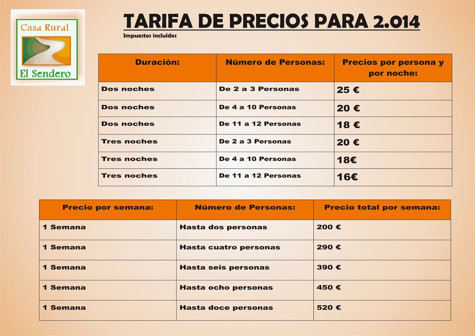 Casa El Sendero. Turismo Rural en El Burgo de Málaga Tarifa de Precios