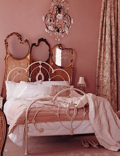 vintage bedroom, cast iron bed, chandelier, pink bedroom