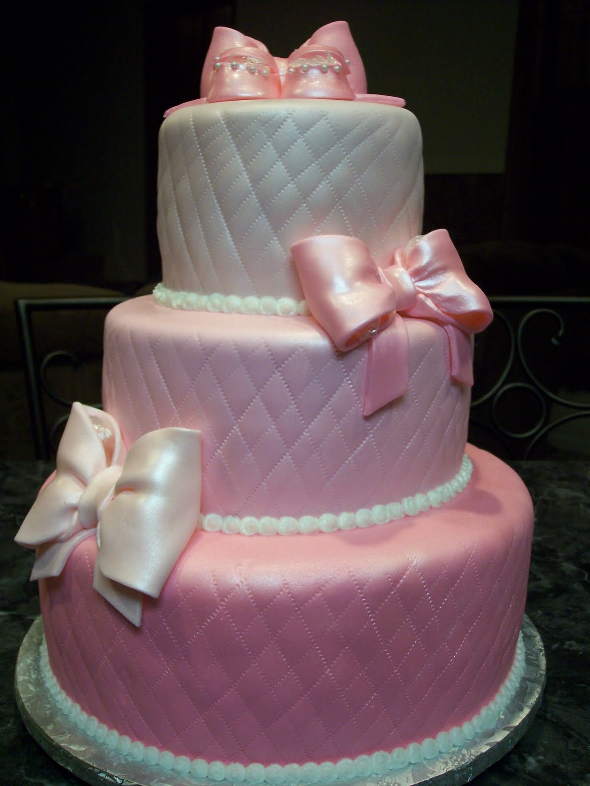 MyMoniCakes Pink Quilted Baby Shower Cake with Bows & Baby Booties