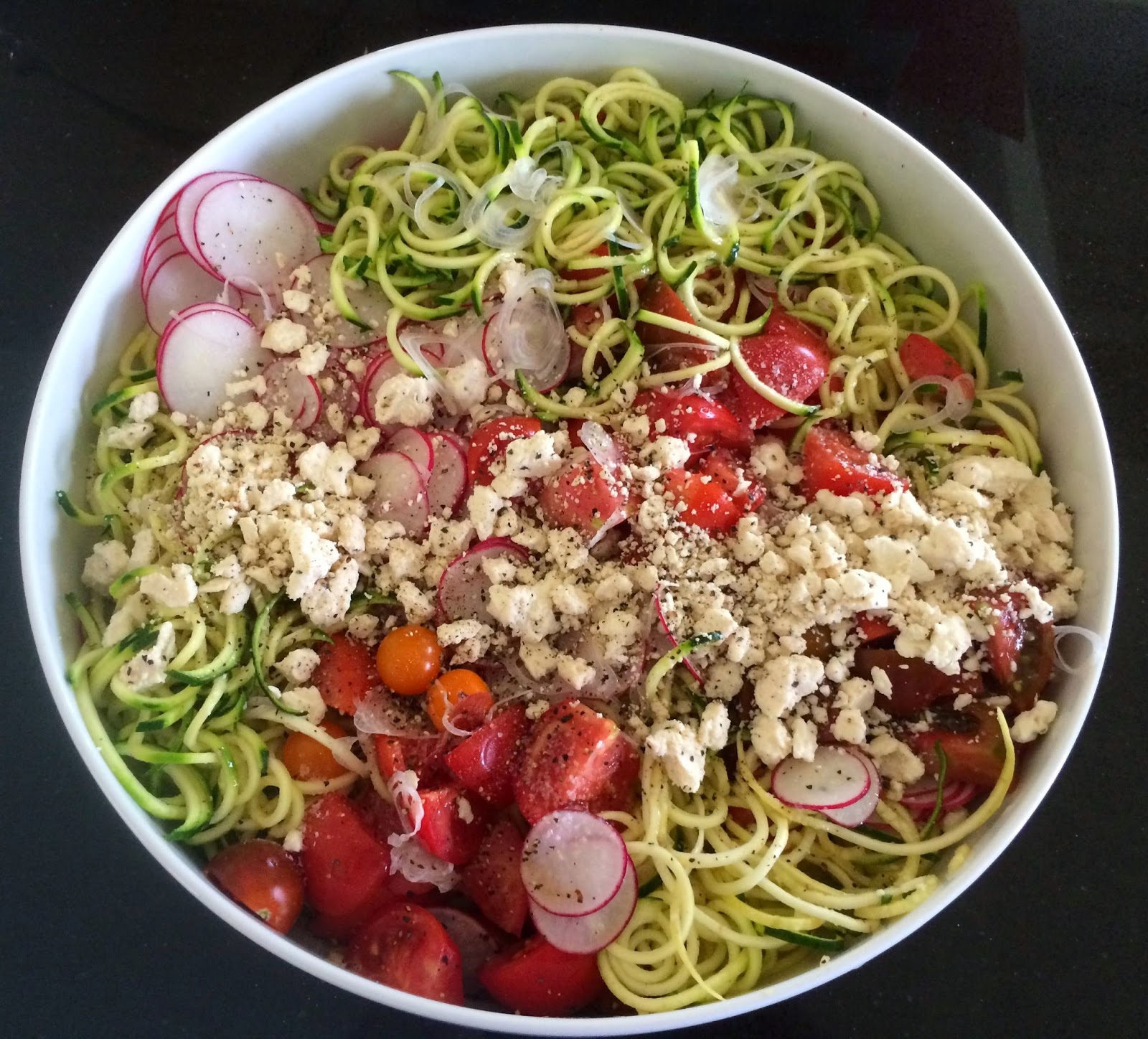 Fresh Summer Salad With "Spiral" Zucchini Noodles, VineRipened Tomatoes, Radishes and Feta
