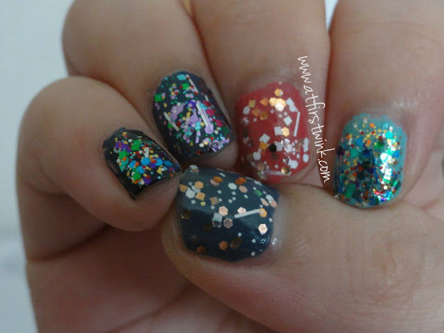 colorful glittery nails using Etude House and Innisfree nail polishes