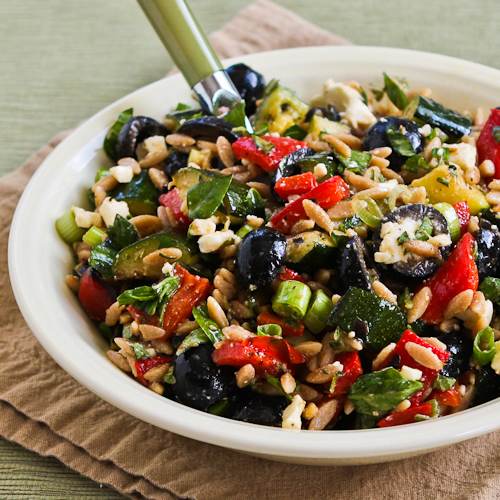 Whole Wheat Orzo and Grilled Vegetable Salad with Feta, Olives, and