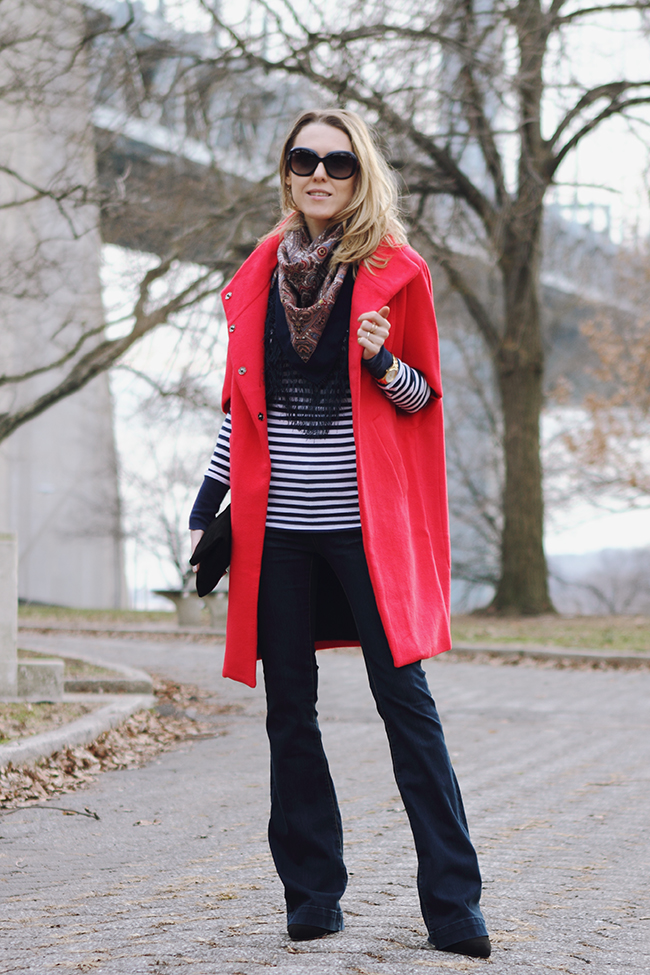 “Red, Stripes, Flares and Other All-Time Favorites” Outfit Post on “The Wind of Inspiration” Blog #twoi #twoistyle #style #fashion #personalstyle #fashionblog #fashionblogger #ootd #outfit #coats #flarejeans #red #stripes