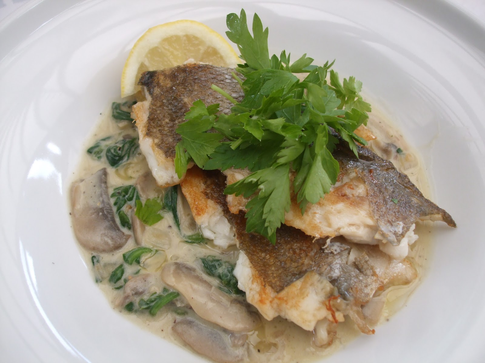 sea bass with pumpkin and mushrooms