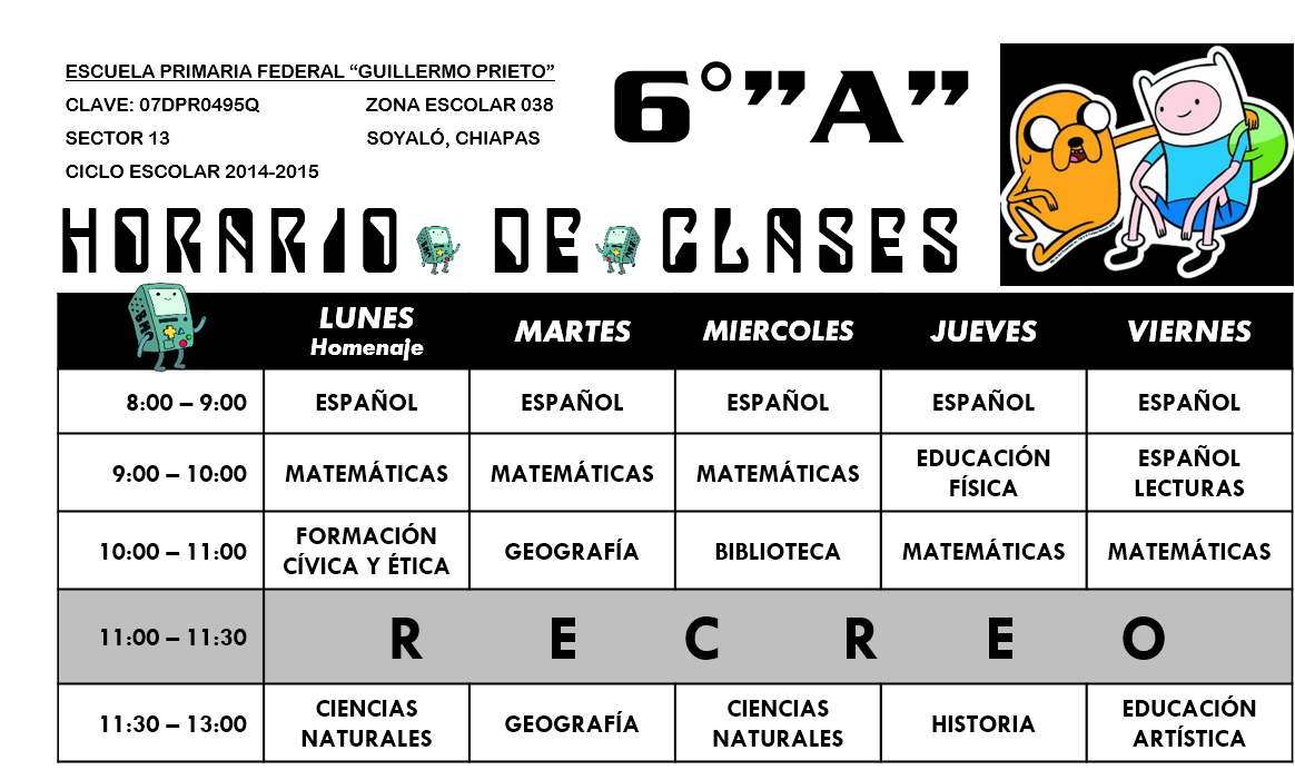 Generación 2009-2015 (Alumnos del Sexto A): HORARIO DE CLASES