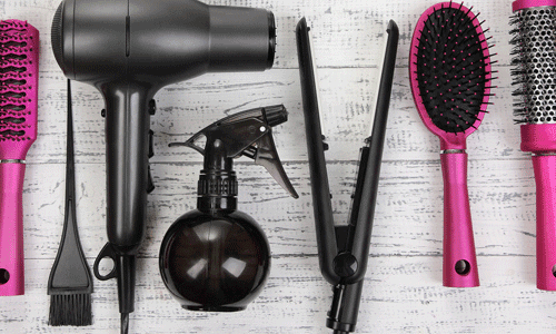 Tools laid out to improve workout hair. 