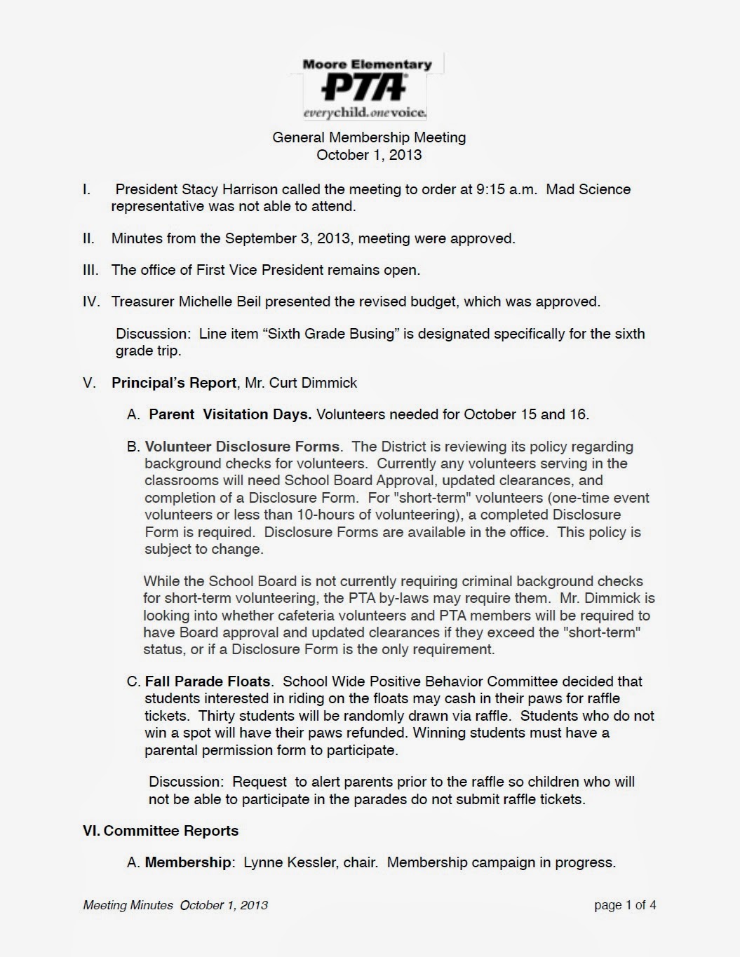 moore good news pta meeting minutes