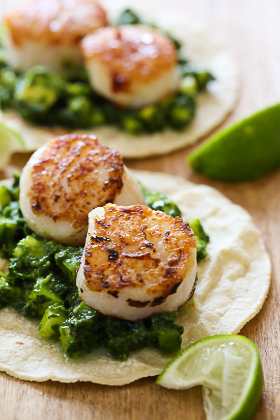 Green Scallop Tacos Green Scallop Tacos – seared scallops on tortillas with a delicious green herb salsa