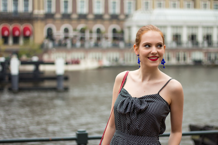 Fashion blogger outfit in Amsterdam with a polka dot jumpsuit