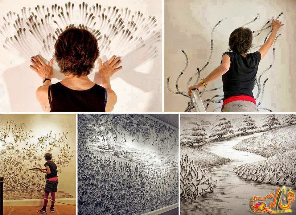 فنون رسومات على الجدران لفنانة ترسم ببصمات أصابعها بالفحم فقط