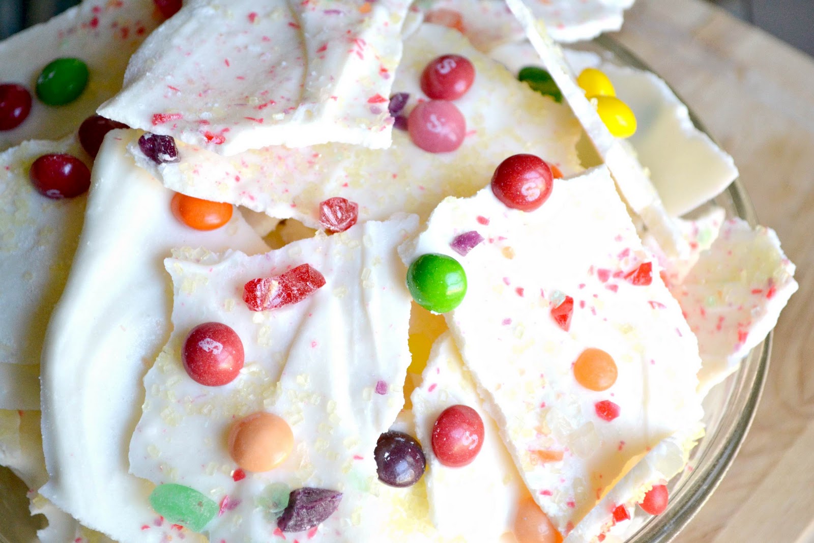 What Katie's Baking Cherry White Chocolate Skittle and Lifesaver Bark