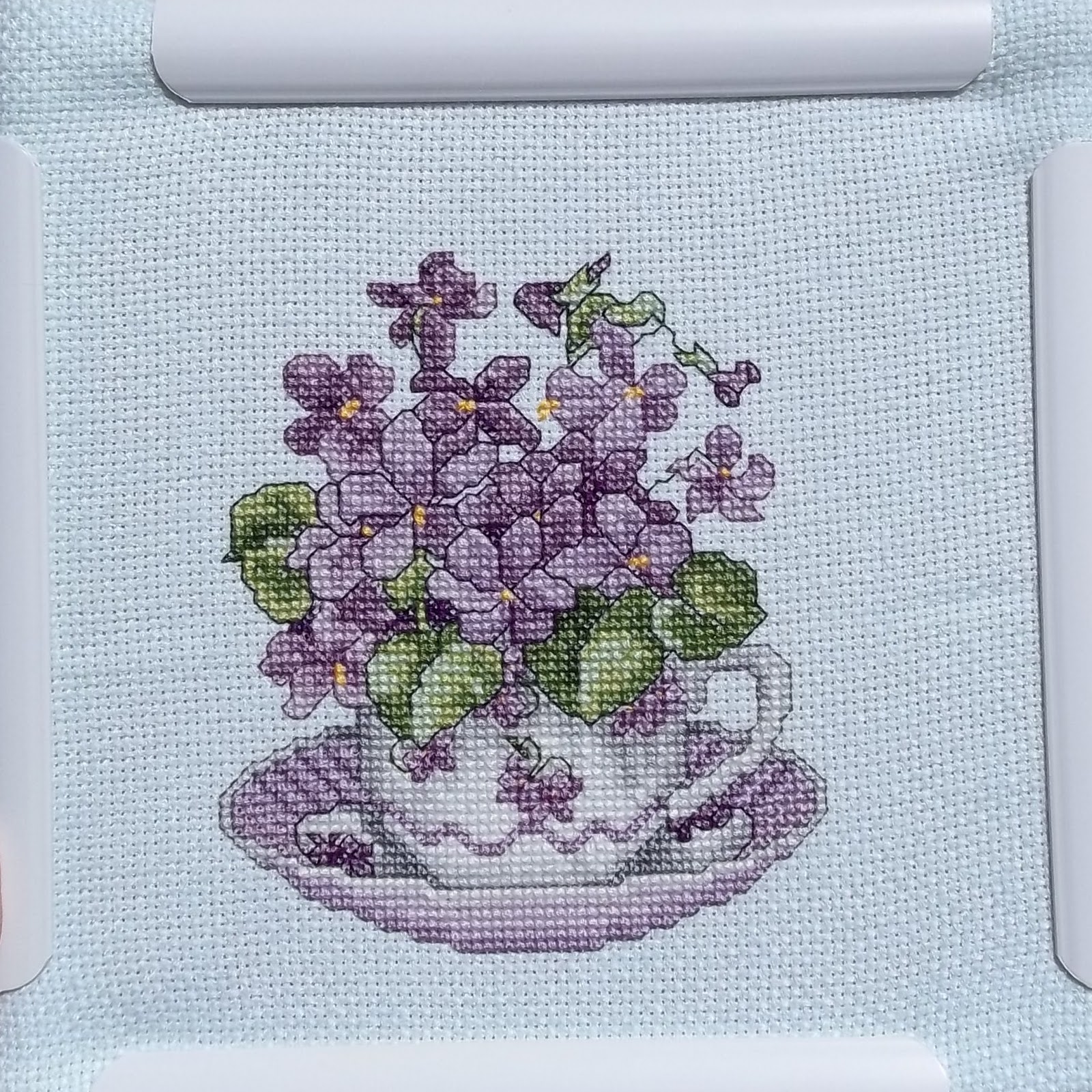 . Debbie's Cross Stitch Violets Teacup Finished!