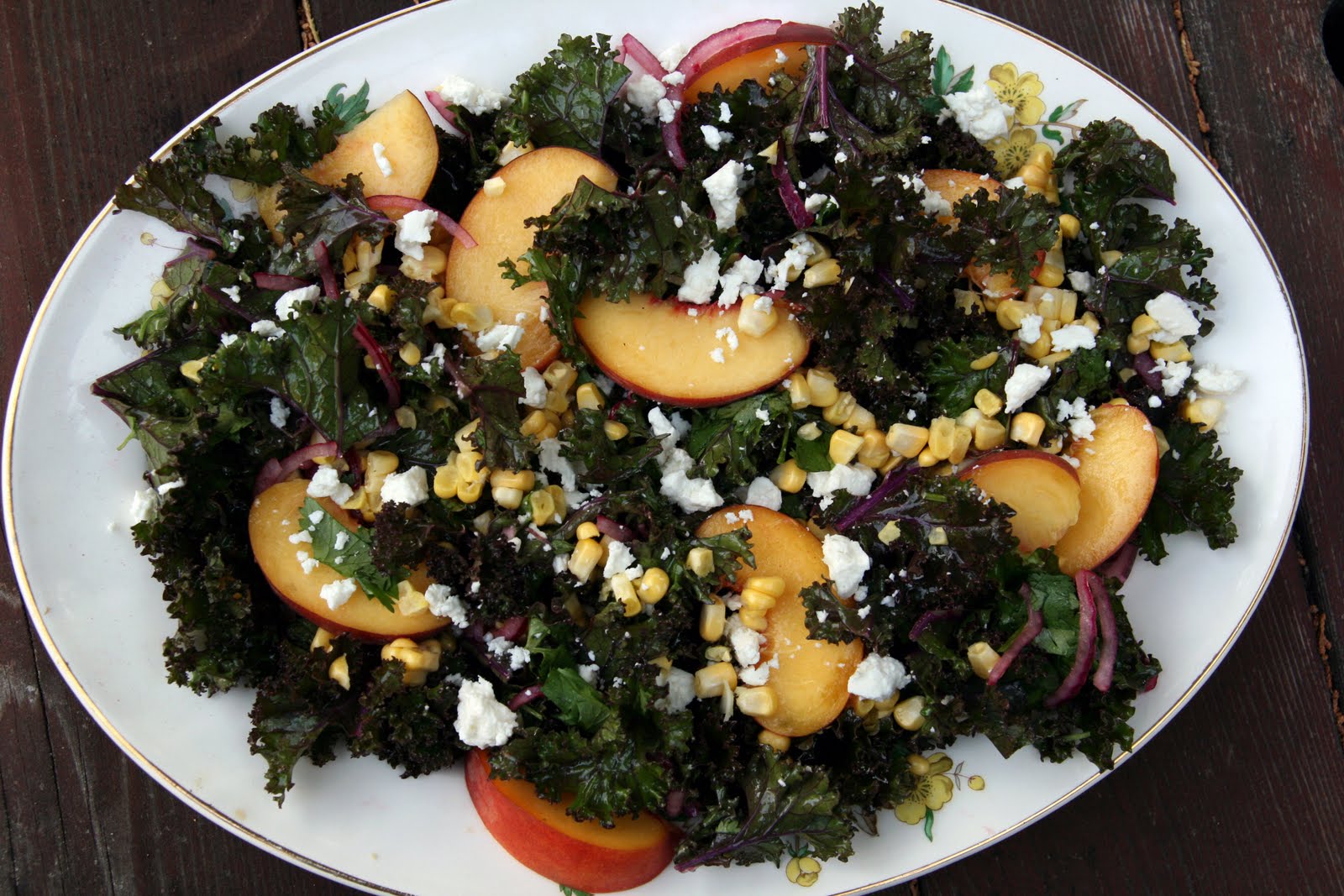 Kale, Peach, Corn and Feta Salad Recipe mostly foodstuffs