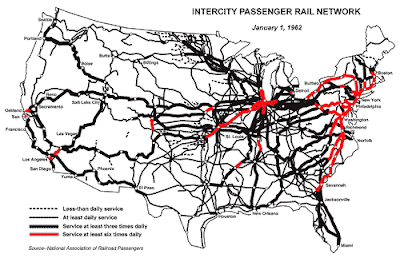 Amtrak passenger rail network service shrinkage over the past 40 years