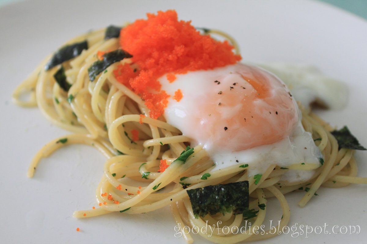 GoodyFoodies Quick Lunch Spaghetti with Soft Boiled Egg and Ebikko