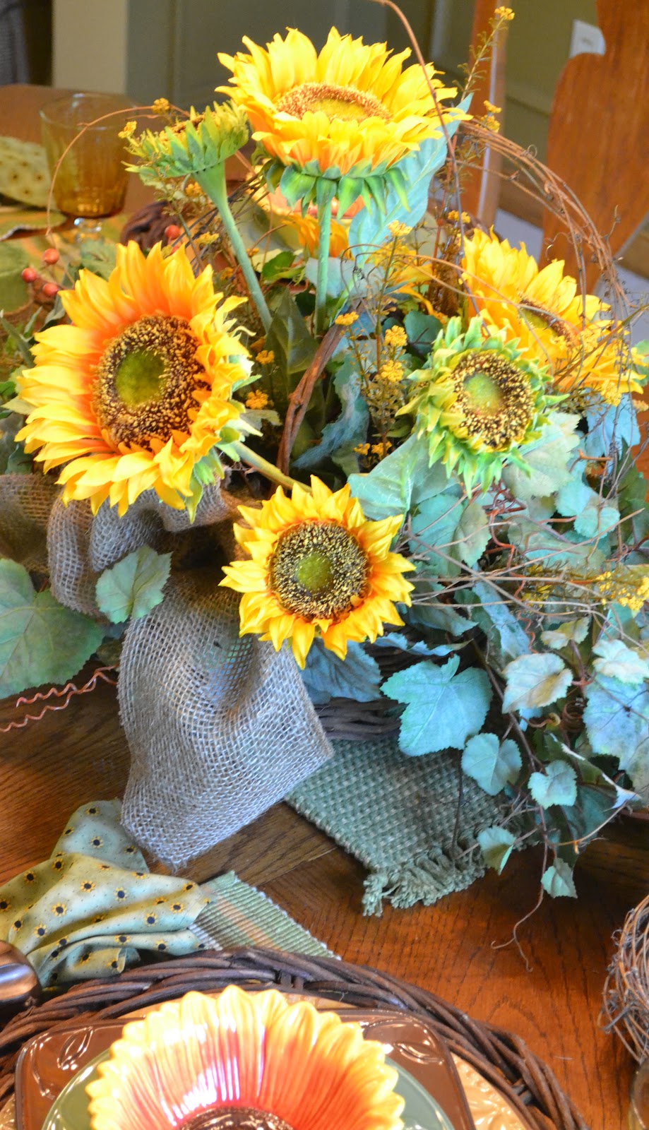 Corner of Plaid and Paisley Sunflower Tablescape