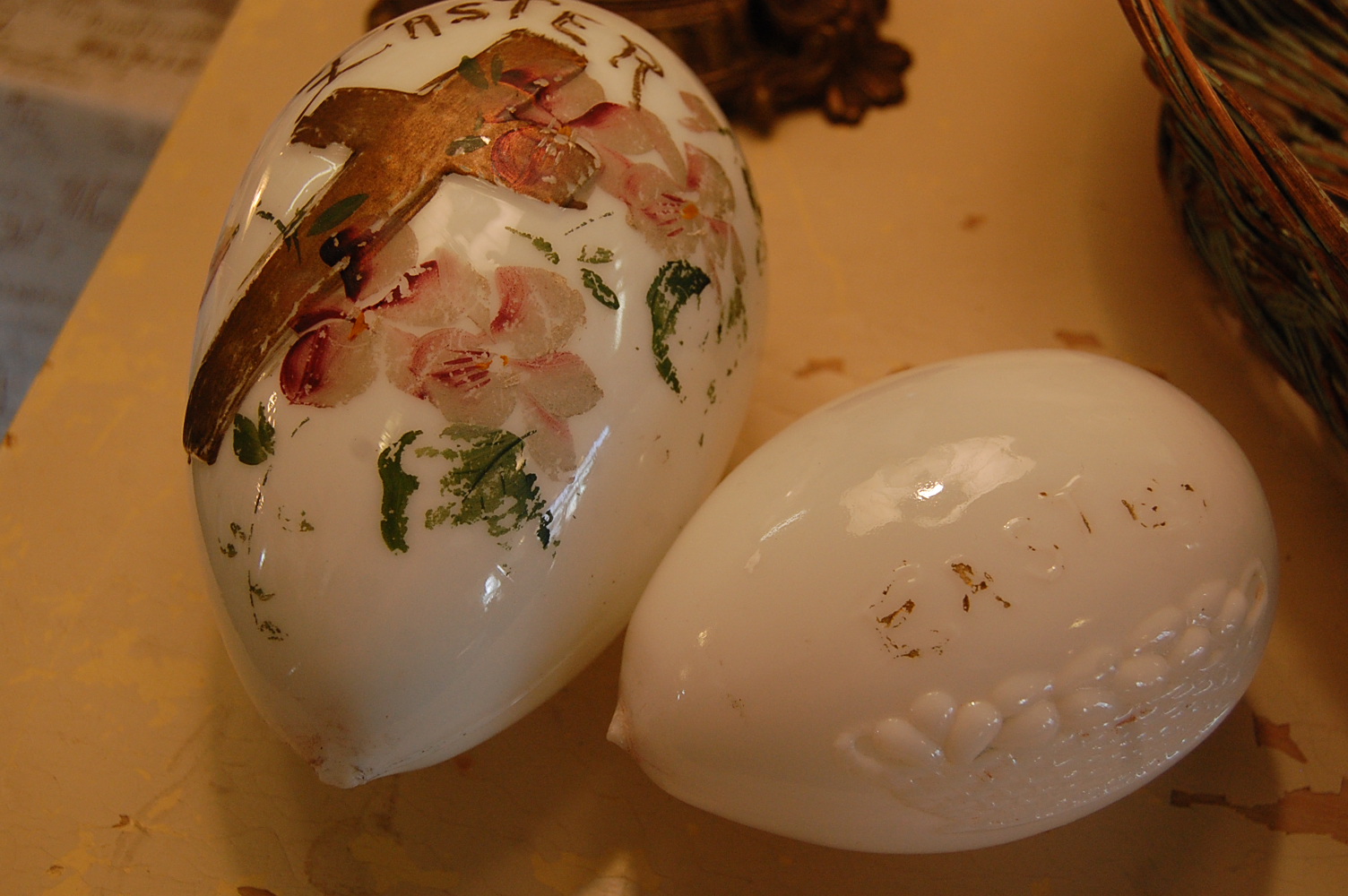 urban farmhouse Antique hand blown milk glass Easter eggs.