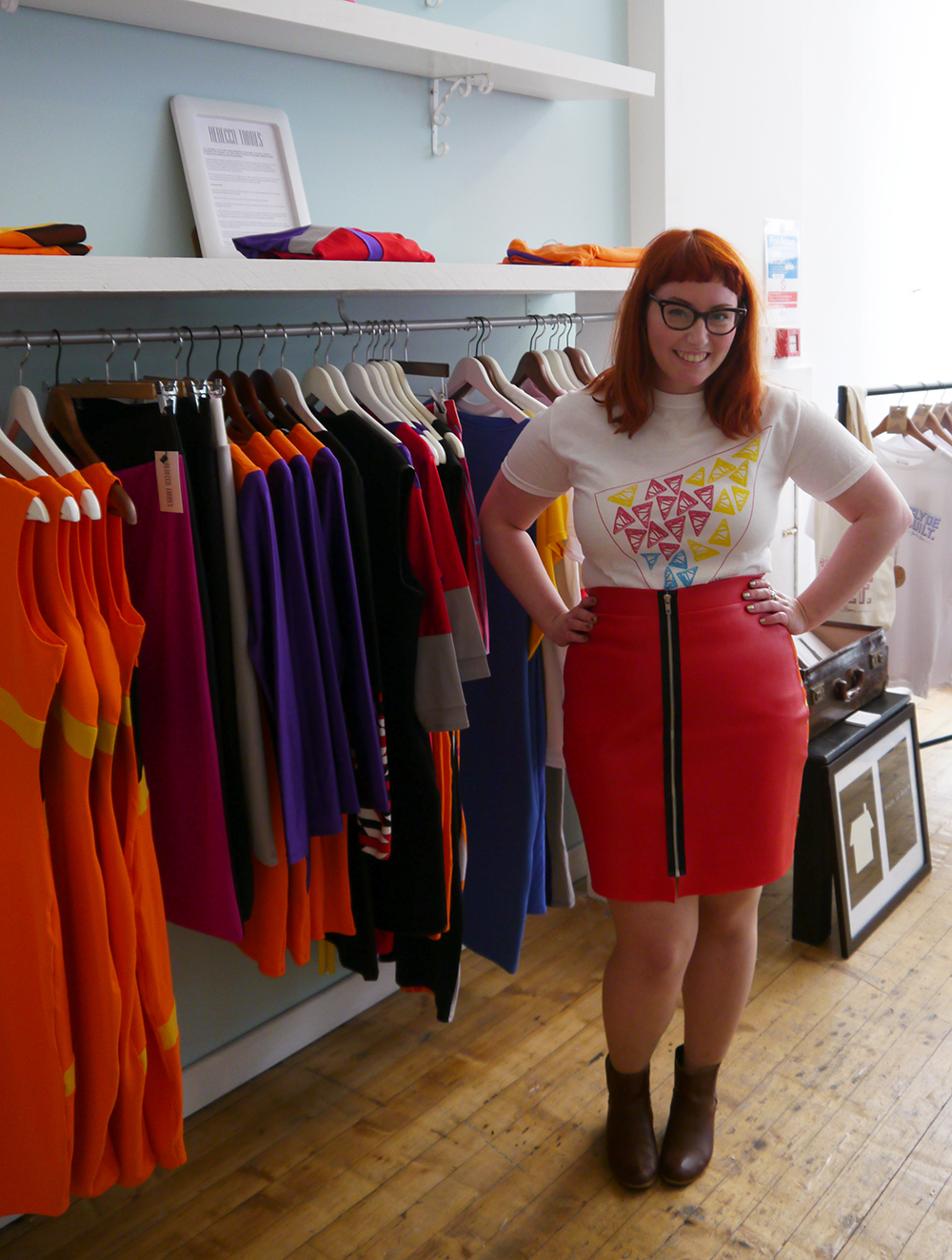 Factory 45, Glasgow, retail space, shop small, shop local, Scottish Designers, Impact Arts, fashion retail, red head, ginger, Rebecca Torres leather skirt