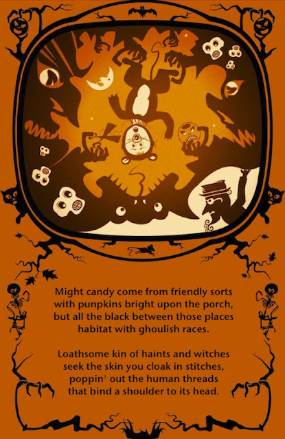 Haints, Witches, and Ghouls Halloween Poem with a Mouse and Jack O'Lantern surrounded by Skulls, Goblins, and Scary Monsters