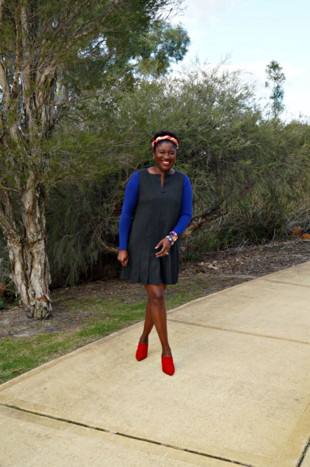 Grey Dress, Red Mules and Other Colors in Between The Cooking Wardrobe