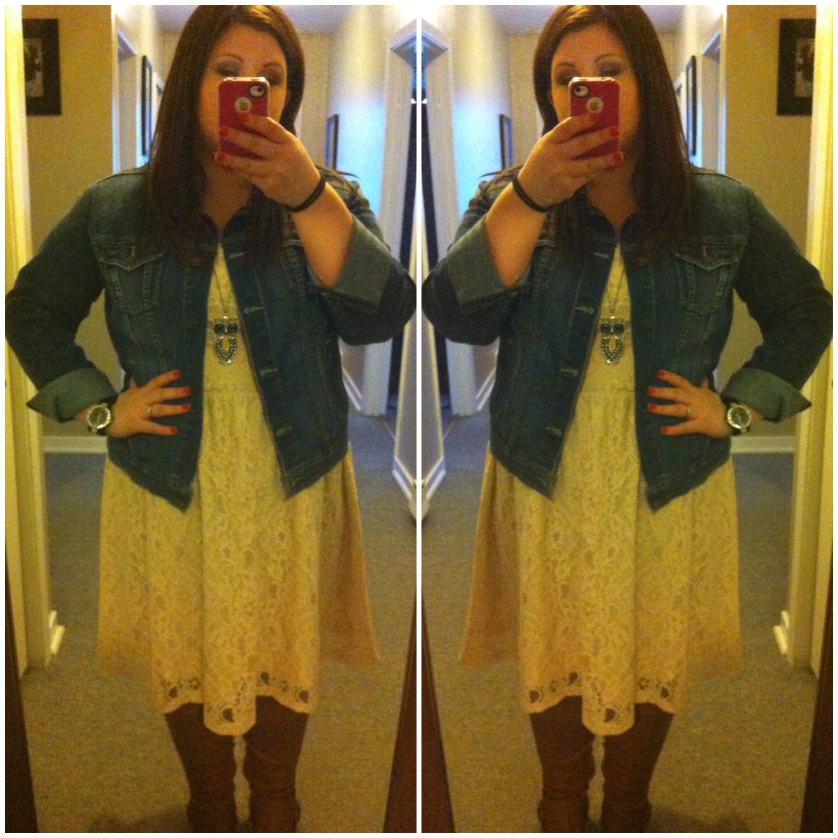 April Pink Beauty Curvy Girl Fashion Lace Dress + Denim Jacket