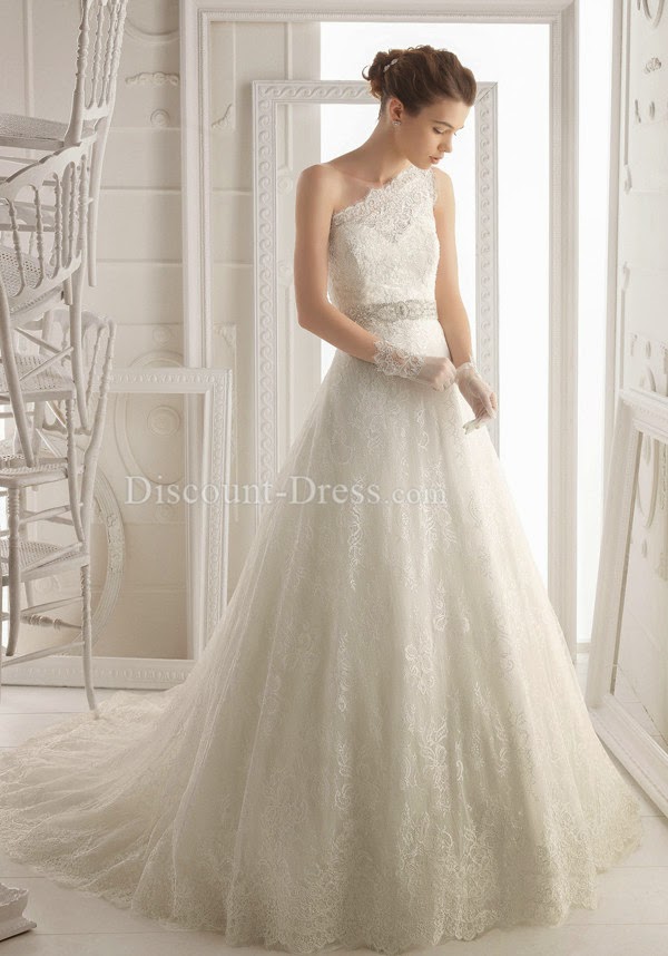One Shoulder Lace A line Sleeveless Natural Waist Wedding Dress