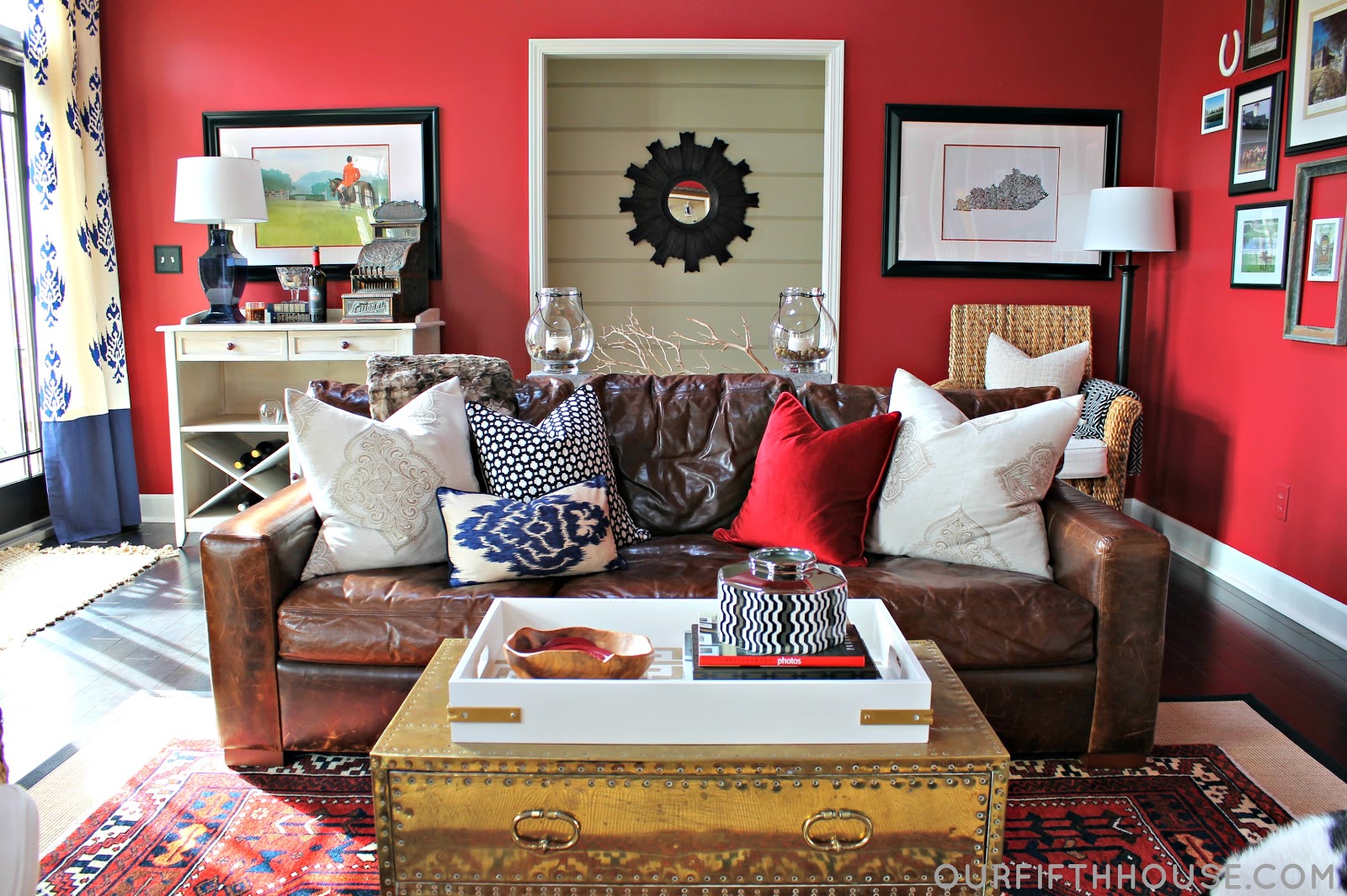 Red family room with lots of pattern