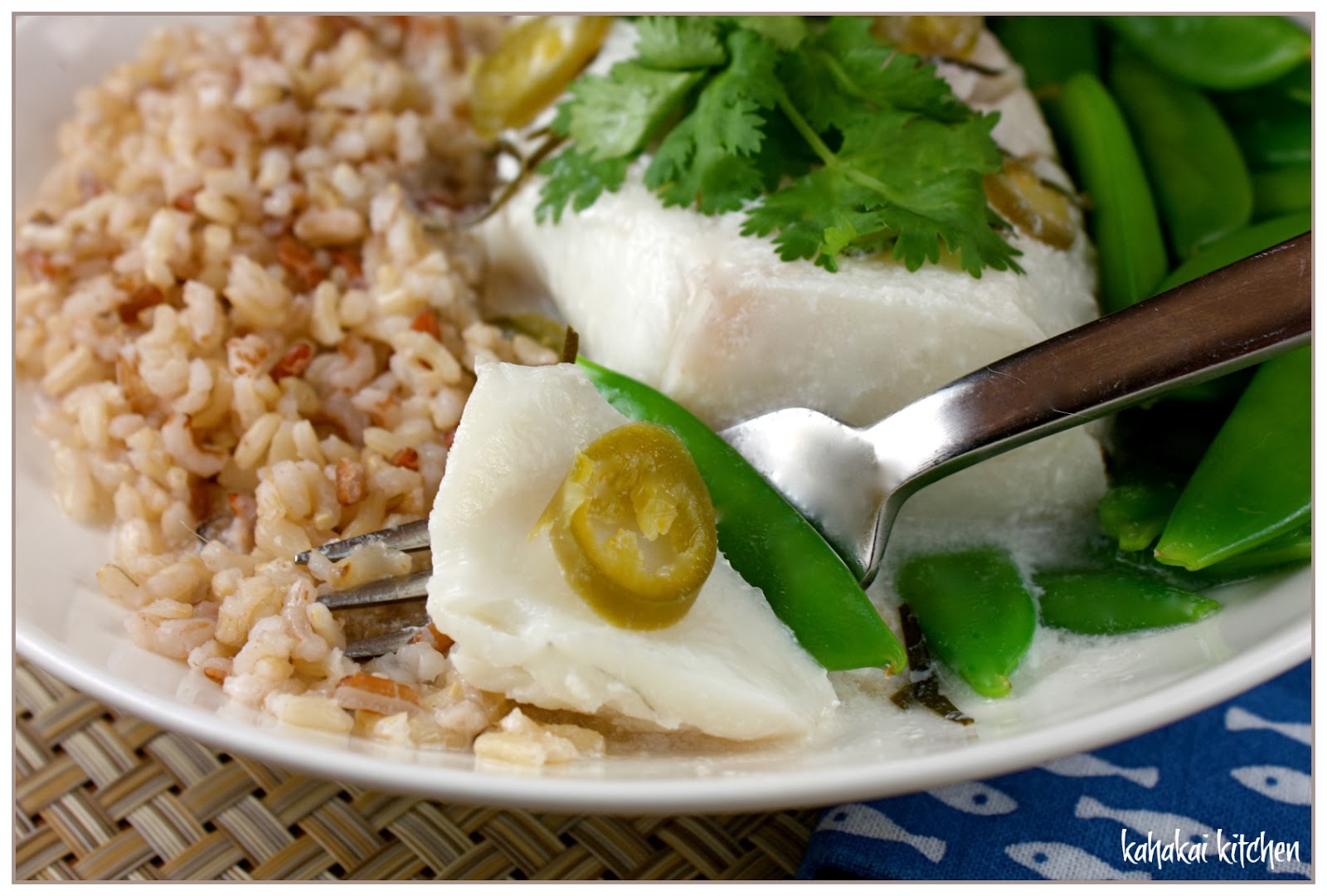 Kahakai Kitchen Lime and Coconut Poached Fish with 'Volcano' Rice