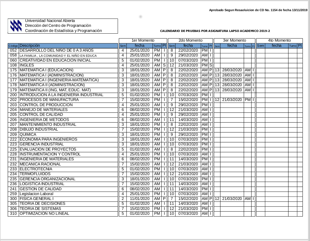 Calendario de Pruebas por Asignatura Lapso 2019-II