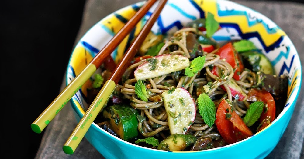 Spicy Soba Noodle Salad With Pesto Eggplant Zucchinis and Chili Oil