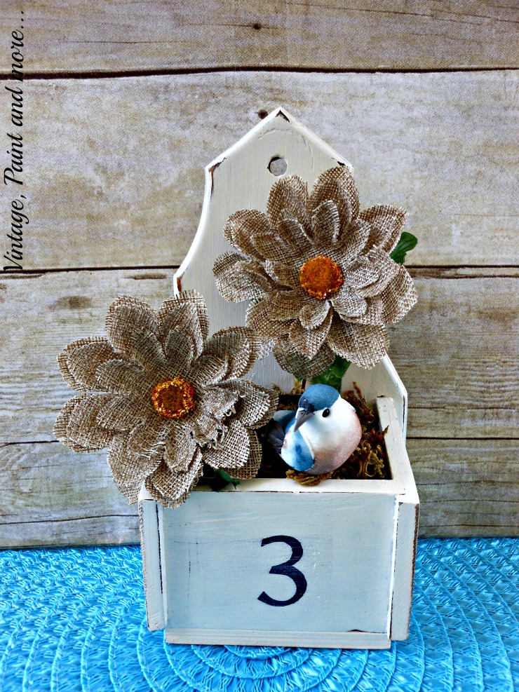 Vintage, Paint and more... thrifted vintage wood box made into vintage flower container with burlap flowers