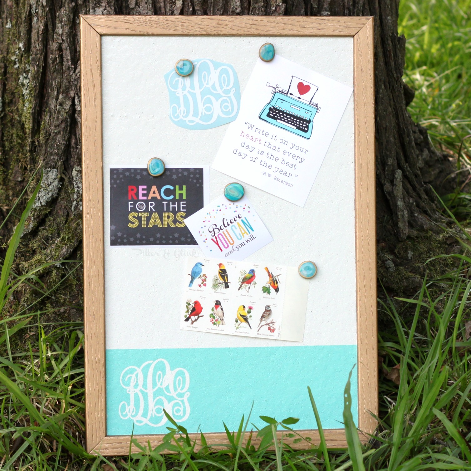 Makeover a plain memo board with spray paint and a vinyl monogram used as a reverse stencil. pitterandglink.com #monogram #Silhouette