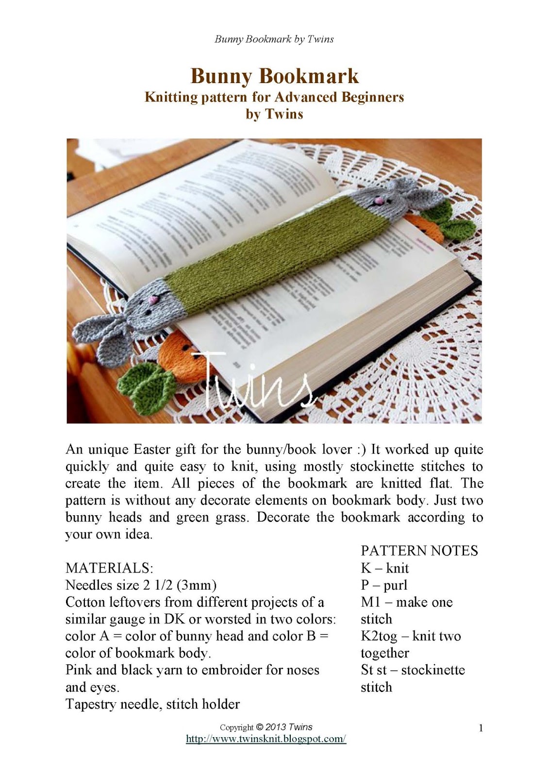 Twins Knitting Pattern MiniShop: Bunny Bookmark - free knitting pattern ...