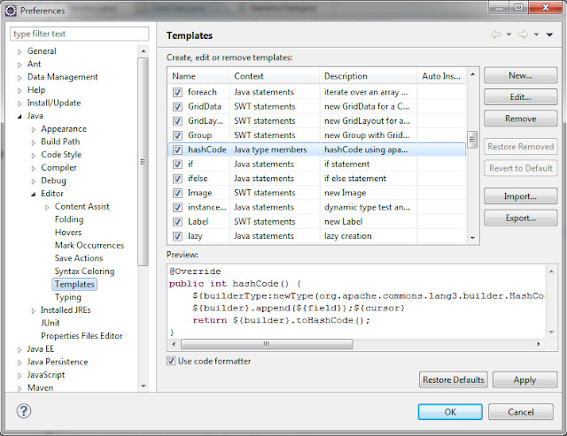 Eclipse Preferences - Java Templates