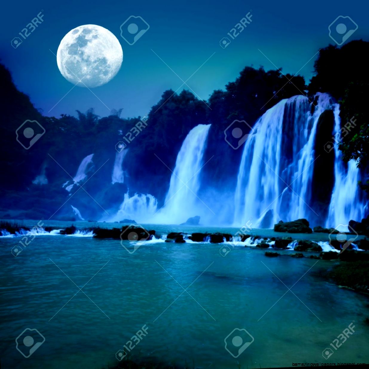 Beautiful Waterfall Under Moonlight At Night Time Stock Photo Beautiful Waterfall Under Moonlight At Night Time Stock Photo