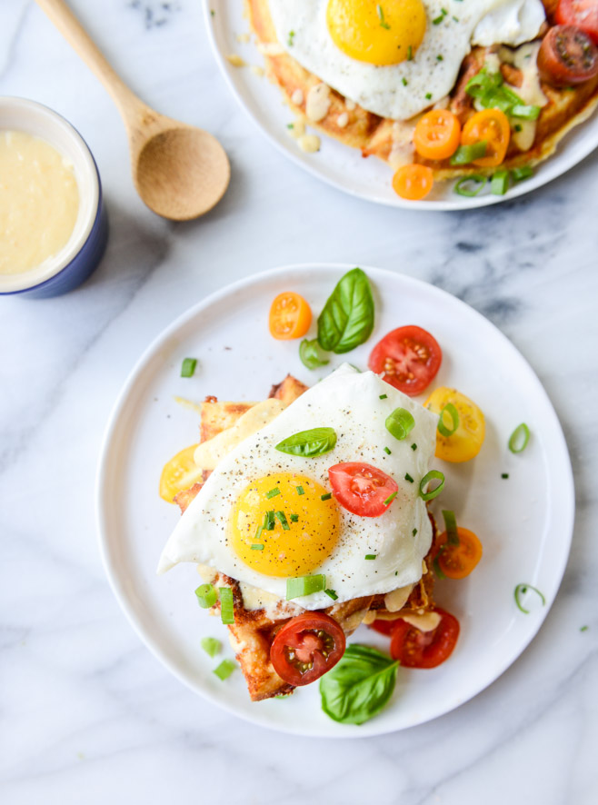 Cheddar Cornbread Waffles with Fried Eggs and Queso