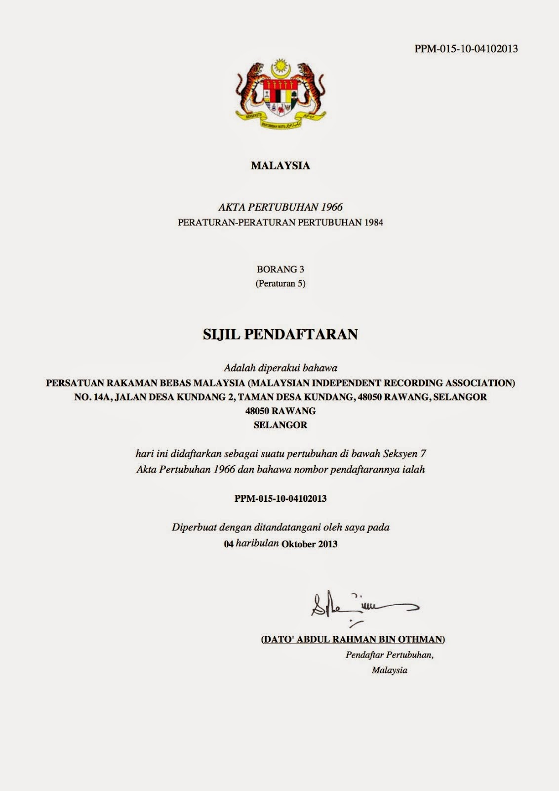 Sijil ROS (Certificate of Registration)