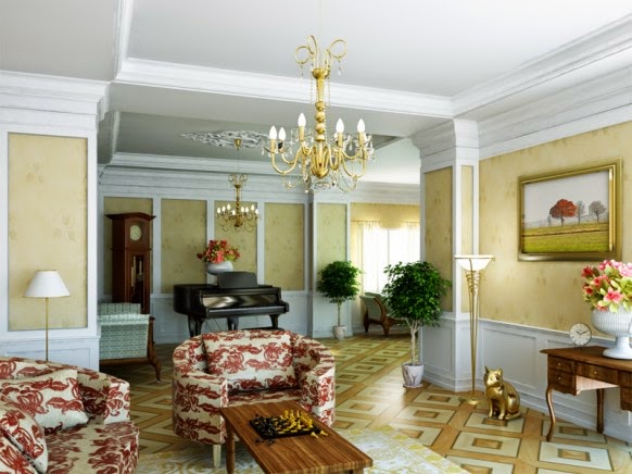 Foto gambar desain ruang keluarga klasik dan mewah di Eropa lengkap terbaru.
