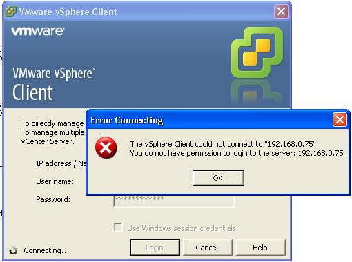 ESXi vSphere client error " You do not have permission to Login to server"