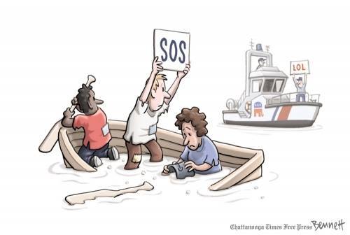 Three persons in sinking row boat holding up SOS sign.  Republicans on GOP Coast Cuard Cutter holding up LOL sign.